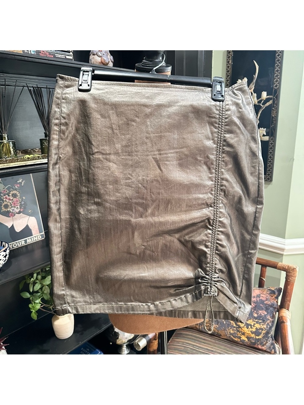Zara Faux Leather Metallic Skirt – Gold Olive, Size Large